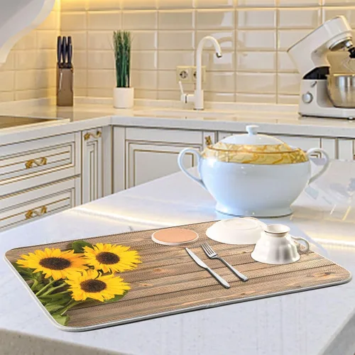 Miniatura 6 de Tapete de secado de platos, girasoles en madera, tapete de secado reversible absorbente de flores, tapete de secado de platos, tapete para secar
