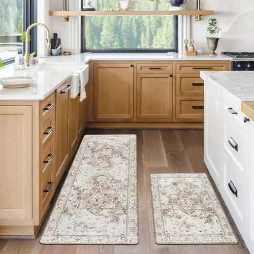 Miniatura 7 de Cekene Juego de 2 alfombras y tapetes acolchados para cocina, antifatiga, tapetes de cocina para piso, tapetes de cocina estilo bohemio de granja