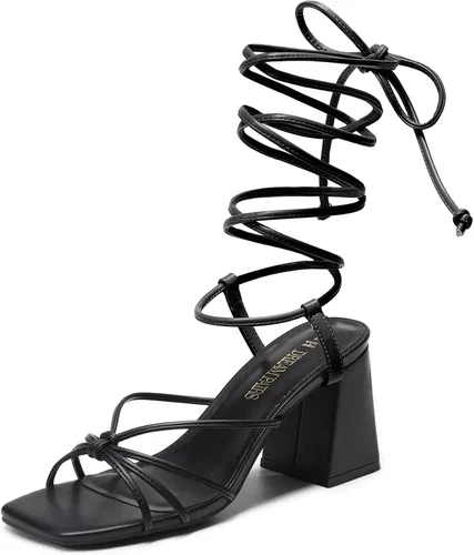 DREAM PAIRS Sandalias de tacón alto con cordones para mujer, tacón alto cuadrado y puntera abierta, sandalias gruesas para fiestas, viajes y citas