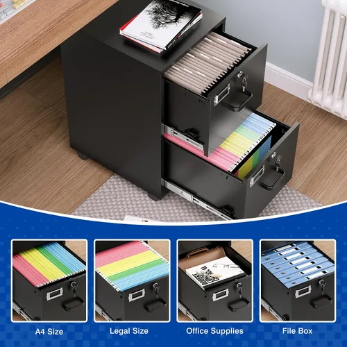 Miniatura 4 de BYNSOE - Archivador de 2 cajones con cerradura, archivador vertical de metal con ruedas, archivador móvil para oficina, hogar
