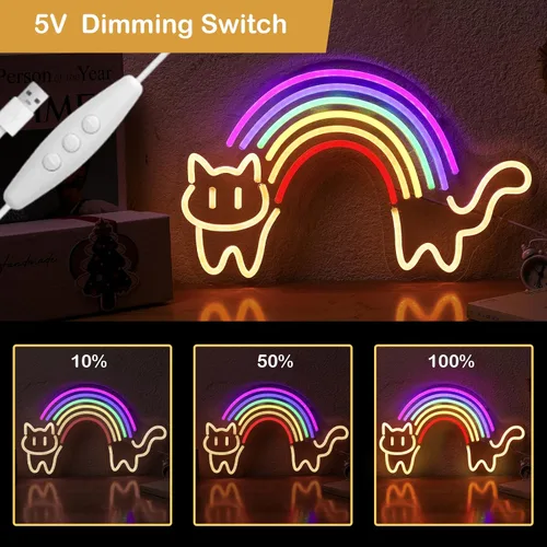 Miniatura 2 de Letrero de neón de gato arcoíris para decoración de pared, letrero de luz de neón de arco iris, regulable, alimentado por USB, luz LED de neón