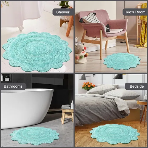 Miniatura 7 de Chardin home Alfombra de baño de ganchillo turquesa, alfombrilla de baño redonda 100% algodón con borde de ganchillo artesanal hecho a mano, 24