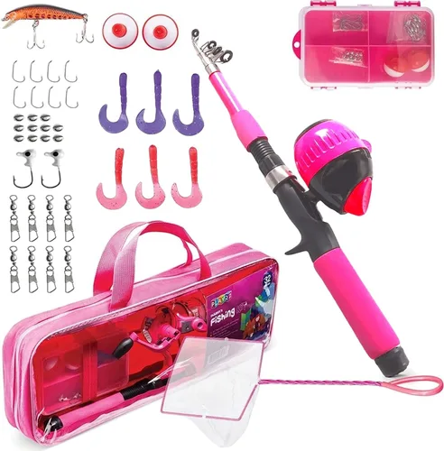 Play22 Caña de pescar para niños, color rosa, 40 unidades, combos de caña de pescar y carrete, cañas de pesca para niños jóvenes, incluye aparejos