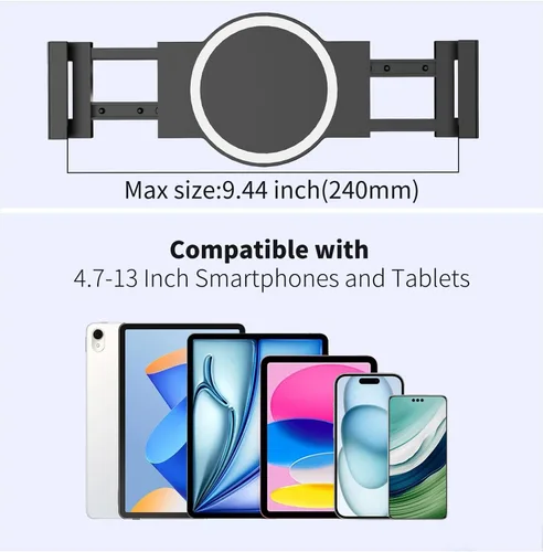 Miniatura 5 de soporte de pared para iPad, giratorio y basculante, soporte de pared para tableta de aluminio, base de rotación 360°, ajustable y plegable