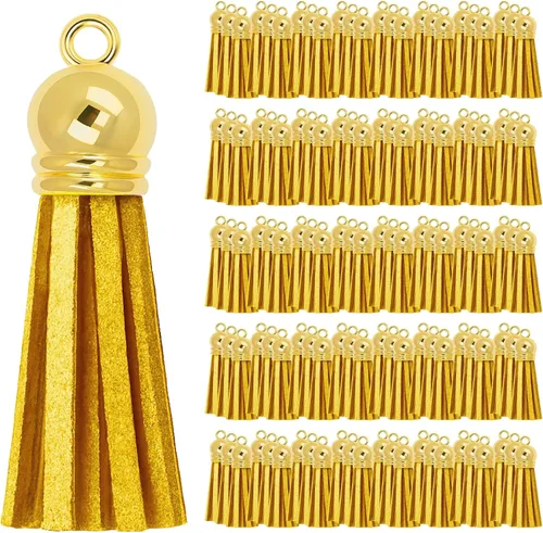 Miniatura 12 de Mandala Crafts 100 borlas de gamuza sintética color aguamarina con tapa dorada, suministros para hacer llaveros a granel, pequeñas borlas de cuero