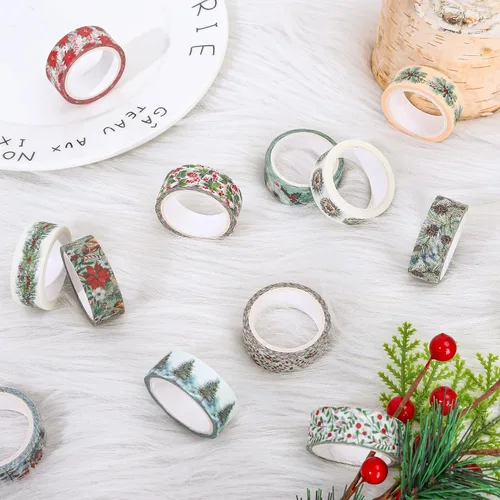 Miniatura 4 de Whaline 12 rollos de cinta washi floral de Navidad, acuarela, bayas, hojas de acebo, conos de pino, campanas de alce, plantas, cinta adhesiva