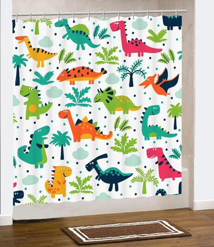Cortina de ducha de dinosaurio tropical. El colorido tema de dinosaurio añadirá un elemento de diversión a tu maestro, invitados, niños, dormitorio