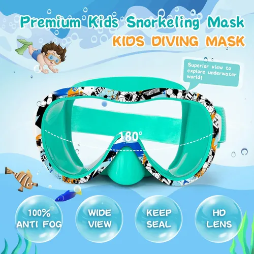Miniatura 2 de Gafas de natación para niños con cubierta para la nariz, máscara de esnórquel panorámica de 180° con diseño antivaho y antifugas, correa de tela