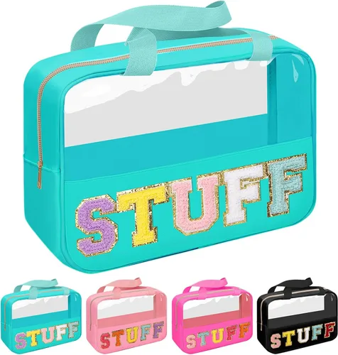 Miniatura 11 de Iqimott Bolsa de bebé con parche de letras de chenilla, bolsa de cosméticos transparente para maquillaje, bolsa grande de almacenamiento