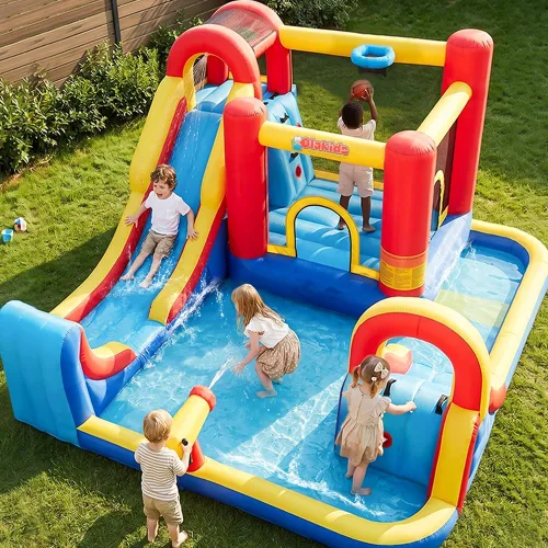 Miniatura 2 de OLAKIDS Tobogán acuático inflable, parque acuático 8 en 1 con 2 toboganes, pared de escalada, pistola de agua, borde de baloncesto, carrera