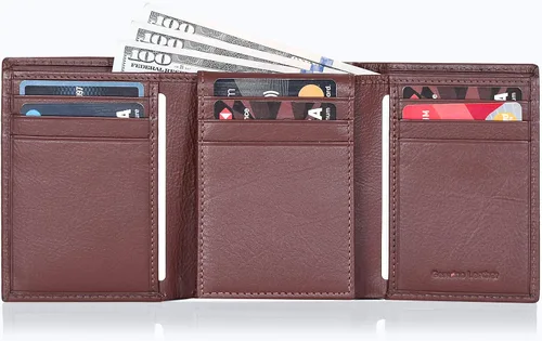 Miniatura 8 de Billetera de tres pliegues para hombre Cartera de piel auténtica con bloqueo RFID con 9 ranuras para tarjetas