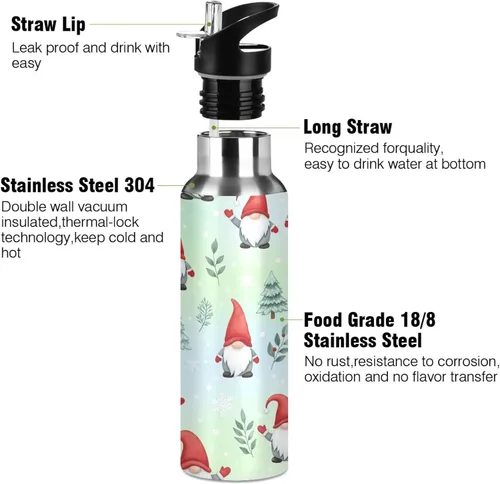 Miniatura 3 de BPA-Free Sport Water Bottle Insulated 32 Oz, Stainless Steel Water Bottle for Gym Outdoor Travel School, Gnomes Red Hats