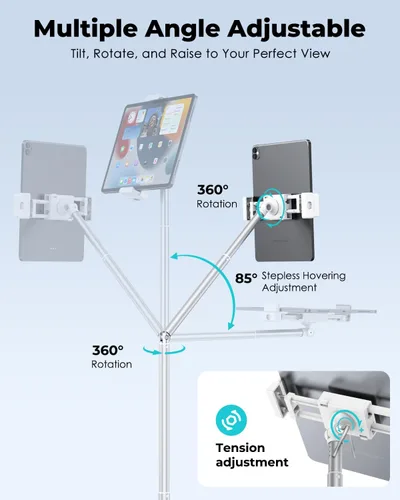 Miniatura 3 de Viozon Soporte de piso para tableta, soporte ajustable en altura y ángulo para tablet con tubo de brazo de aleación de aluminio, rotación de 360°