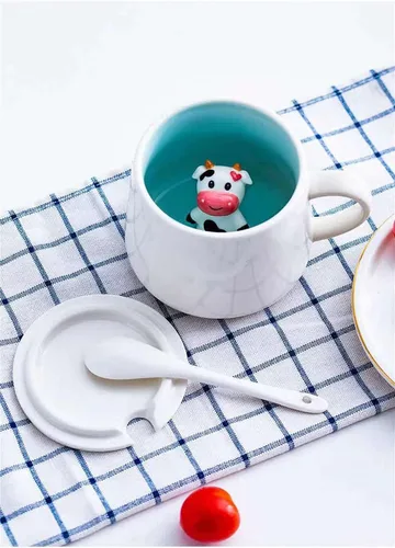 Miniatura 2 de Taza de café sorpresa 3D con diseño de animales en el interior, de 12 onzas con vaca bebé, bonita taza de cerámica hecha a mano de dibujos animados