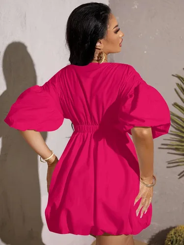 Miniatura 2 de WDIRARA Vestido de cintura elástica con cuello en V profundo y manga abombada para mujer