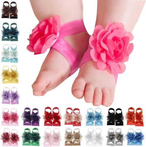 Miniatura 2 de Sólido Gasa Flor Descalzo Sandalias Pies Accesorios Para Bebés Niñas Recién Nacidos Bebés Niños Pequeños Zapatos Antideslizante