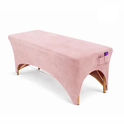 Funda de terciopelo rosa para mesa de masaje, cama elástica para pestañas y mesa de masaje con corte de pierna y bolsillo, se adapta a mesas de 72 a