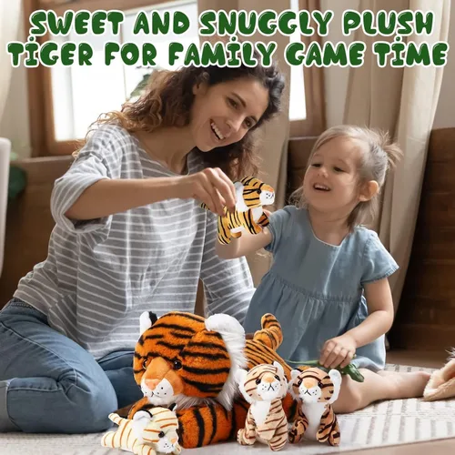 Miniatura 6 de Threan - Juego de 5 juguetes de peluche de tigre, de 16 pulgadas, mamá tigre con 4 cachorros en vientre con cremallera, peluches de regreso a