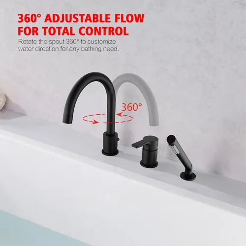 Miniatura 3 de SUMERAIN Grifo de bañera romano negro mate 3 agujeros de montaje en cubierta grifo de bañera con rociador de ducha de mano
