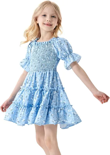 Miniatura 3 de Vestido de niña pequeña, cuello cuadrado, manga abombada, acampanado, vestidos florales de verano para niñas pequeñas, 2-6T
