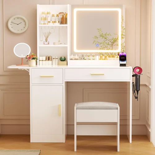 Miniatura 10 de ERLEJIA Escritorio de tocador con espejo y luces, 39.37 pulgadas, 4 cajones, escritorio de maquillaje sin taburete, escritorio extra plegable con 3