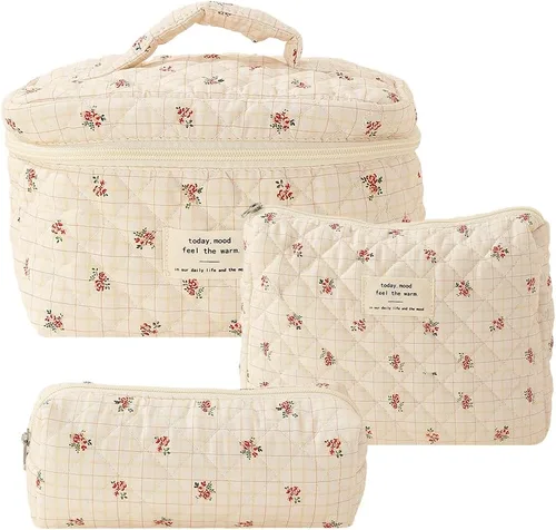 Miniatura 13 de Juoxeepy Bolsa de maquillaje de algodón, bolsa de cosméticos de viaje, bolsa de cosméticos acolchada, bolsa de aseo floral estética coqueta A01-3pcs