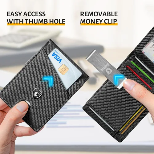 Miniatura 5 de GSOIAX Cartera delgada de cuero plegable RFID para hombre, billetera minimalista con bolsillo frontal con clip para dinero, 12 ranuras para Negro