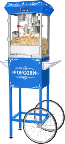 Máquina de palomitas de maíz para base con carro, 8 onzas con hervidor de acero inoxidable, luz de calentamiento y accesorios (azul)