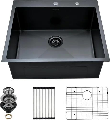 Miniatura 10 de Fregadero de cocina de 15 x 15 pulgadas, fregadero de preparación de barra de montaje superior de 16 calibre 16 T-304 de acero inoxidable negro