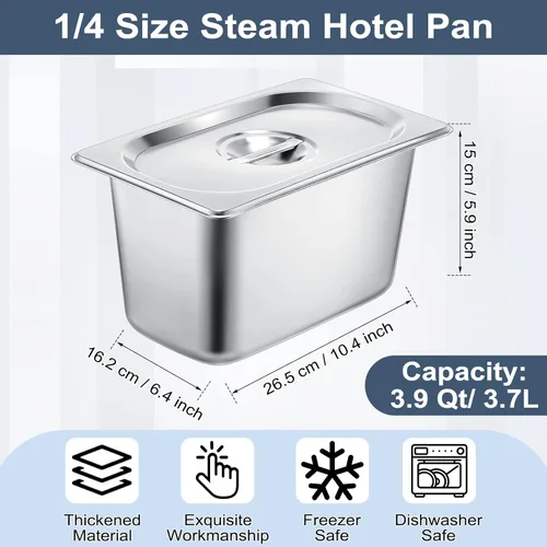 Miniatura 2 de Paquete de 8 sartenes de vapor inoxidable para hotel, 6 bandejas de vapor profundo con tapa de 0.031 in de grosor, acero inoxidable