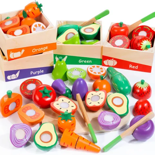 WOODMAM - Comida de Juguete de Madera para Niños Pequeños, Grupos de Alimentos de Color, Juego de Corte de Frutas y Verduras, Accesorios de Cocina