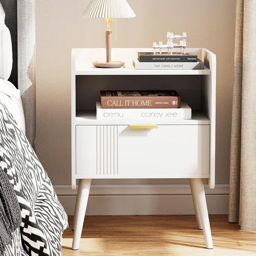 Miniatura 10 de Aenuert Mesita de noche moderna con cajón de almacenamiento y estante abierto, soporte de noche pequeño, mesa auxiliar de sofá de madera para Negro