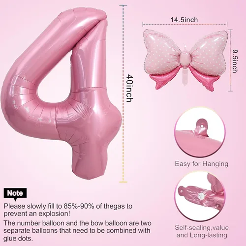 Miniatura 2 de Globo rosado de 40 pulgadas con número 4 y lazo mini para decoraciones de fiesta de cumpleaños número 4 de niña - Suministros de fiesta con tema rosa