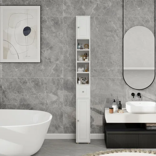 Miniatura 9 de Locsear Armario de almacenamiento alto para baño, armarios de baño blancos independientes, armario de almacenamiento estrecho con estantes
