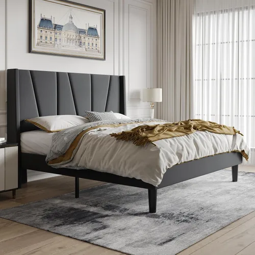 Miniatura 3 de HOOMIC Base de cama tapizada de tamaño matrimonial con cabecera geométrica moderna con respaldo de ala, listones de madera, no necesita somier, base