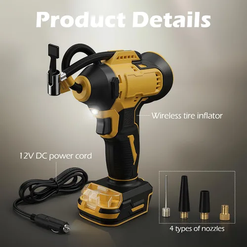 Miniatura 7 de Inflador de neumáticos inalámbrico compatible con batería Dewalt de 20 V MAX, bomba de aire de mano de 150 PSI, compresor de aire portátil