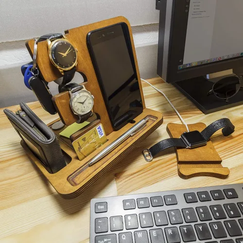 Miniatura 6 de Estación de acoplamiento de madera para teléfono, organizador de mesita de noche para hombres, soporte para reloj y tableta, soporte para reloj