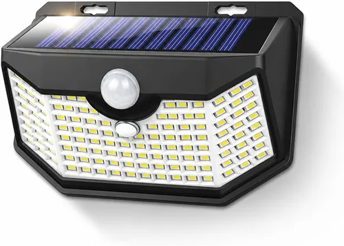 Miniatura 9 de HMCITY 120 luces LED solares para exteriores con sensor de movimiento y 3 modos de iluminación, IP65 impermeables, luces solares de pared anchas