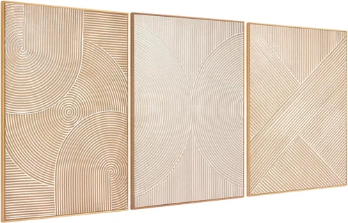 Miniatura 14 de Pintura de Arte de Pared Abstracta Neutra Enmarcada - Decoración de Pared de Lienzo Abstracto Grande con Ilustraciones de Curvas 3D Pintado a Mano