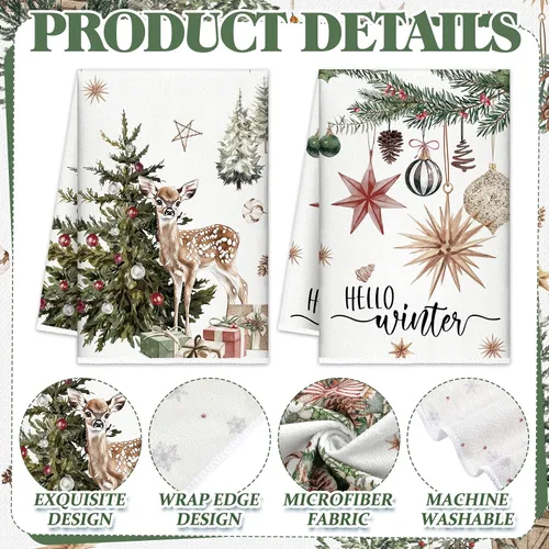 Miniatura 4 de FuWeave Toallas de Cocina Navideñas Beige Paños de Cocina con Árbol Navideño Toallas de Mano Decorativas Hello Winter Absorbentes Pelota de Guantes