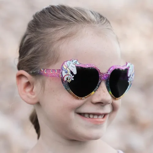 Miniatura 5 de ShadyVEU Gafas de sol para niños con forma de corazón, diseño de unicornio con purpurina y arco iris, para fiesta mágica, a prueba de roturas