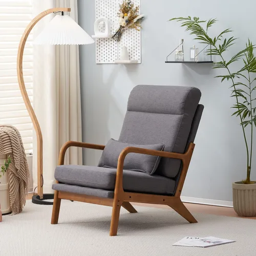 Miniatura 2 de SSLine Sillón tapizado moderno de tela de lino suave con almohada y marco de madera de roble, cómodo sofá individual con respaldo alto, silla