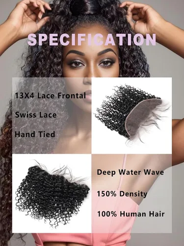 Miniatura 3 de Extensiones de cabello humano ondulado profundo (14 pulgadas, 1 encaje frontal negro natural)
