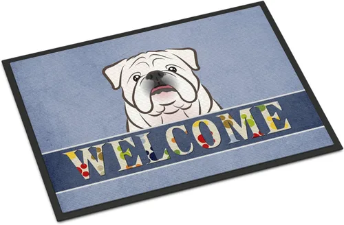 Caroline's Treasures BB1406MAT - Tapete de bienvenida de bulldog inglés blanco de 18 x 27 pulgadas, tapete azul para puerta delantera, para Bulldog