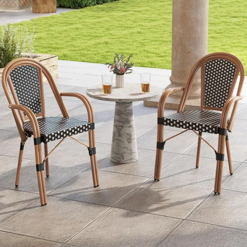 Miniatura 2 de Tangkula Juego de 2 sillas de bistró francesas para exteriores, sillas de mimbre de polietileno tejidas a mano con reposabrazos, sillones de comedor
