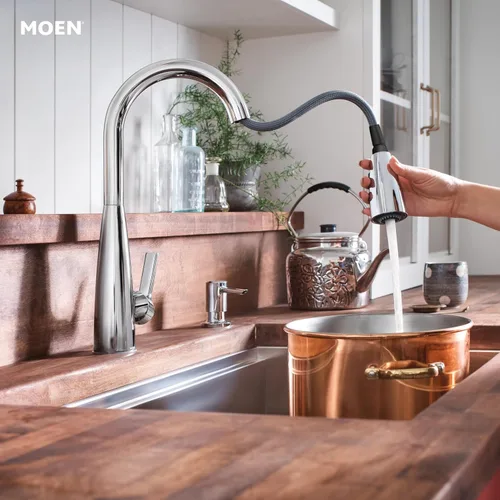 Miniatura 3 de Moen Haelyn - Grifo de cocina monocontrol con rociador extraíble cromado con potencia para una limpieza más rápida, dispensador de jabón incluido