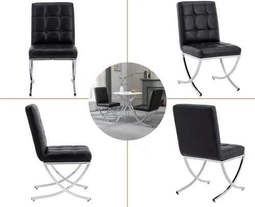 Miniatura 6 de EALSON Juego de 2 sillas de comedor modernas, tapizado de cuero negro con lengüetas de metal cromado y respaldos altos copetudos, sin brazos