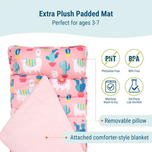 Miniatura 3 de Wildkin Alfombrilla para Siesta Infantil Original – Cómoda Alfombrilla para Dormir con Almohada, Ideal para Escuela y Viajes Llamas y Cactus Rosa