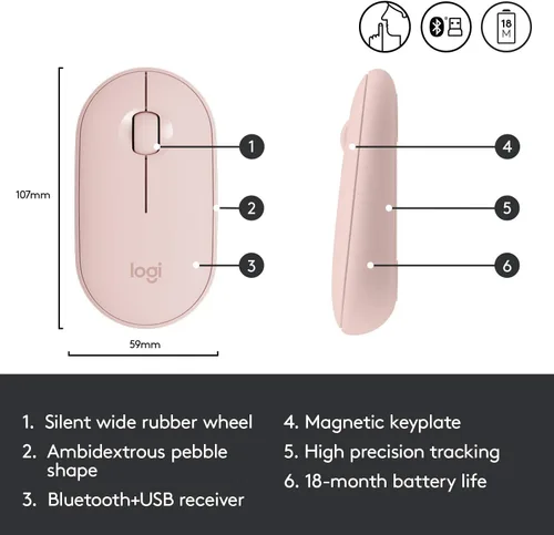 Miniatura 7 de Logitech Pebble M350 - Mouse inalámbrico con Bluetooth o USB, silencioso y delgado con clic silencioso para iPad, laptop, laptop, PC y Mac, rosa