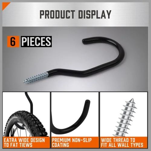 Miniatura 5 de HORUSDY Paquete de 6 ganchos de almacenamiento de garaje resistentes, ganchos de pared de 6 pulgadas para herramientas, escaleras, bicicletas, Negro